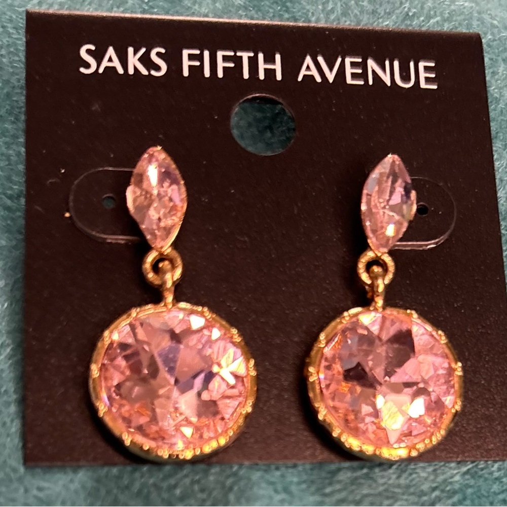 Saks Fifth Avenue Pink Crystal and Gold Drop Earrings